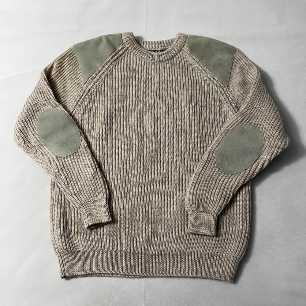 Woolovers Sweater Men XL Beige Suede Shoulder Elbow Patches Commando